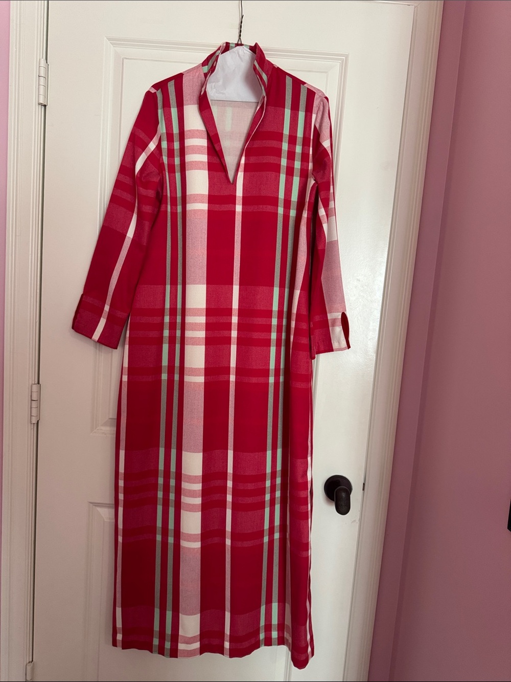 VGUC Petit Peony Caftan, Red/Green/Cream plaid size M